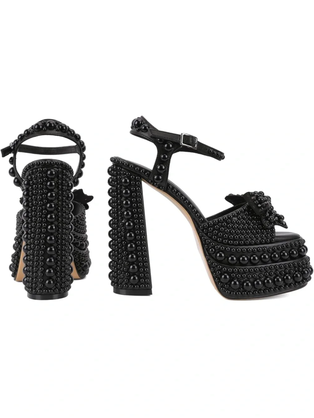 Pearl-Embellished Black Platform Sandal with Ankle Strap